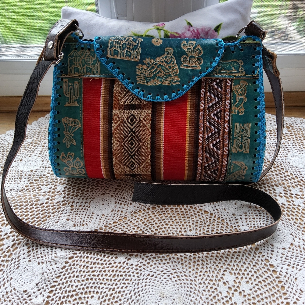 Fabric & Teal Embossed Leather Crossbody Purse Multi Color Bohemian Style